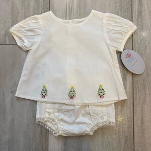 NWT Baby Sen Ivory Christmas Tree Stitched Heirloom Diaper Bloomer Set, Newborn